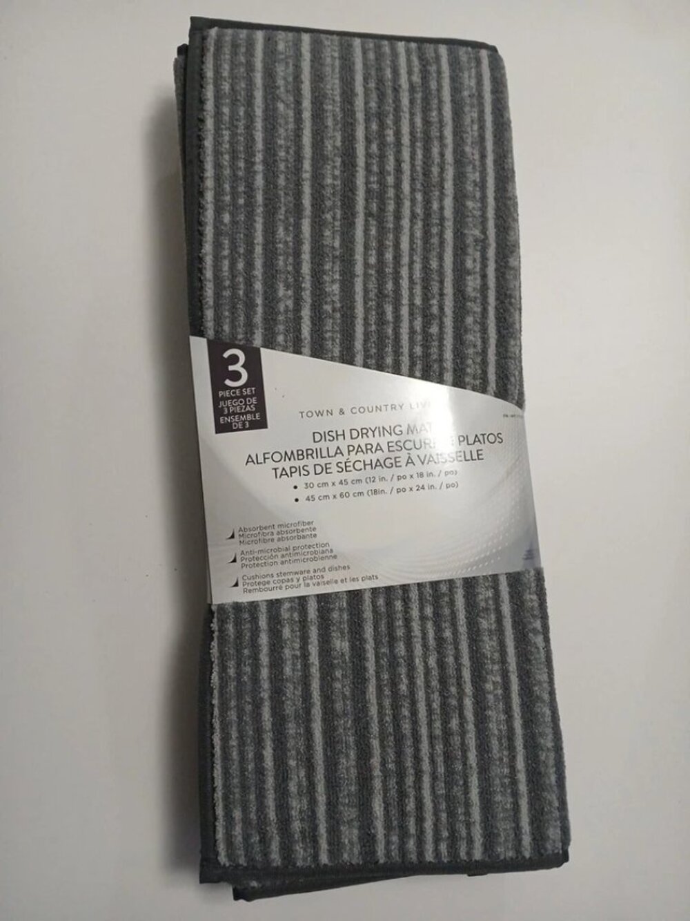 Town and Country Living Microfiber Dish Drying Mats 3 Piece Set, Gray Striped